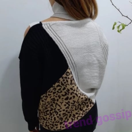 【即納】ハイネックワンショルストラップトリコロールレオパードニット/豹柄/S～XXL/2019AW