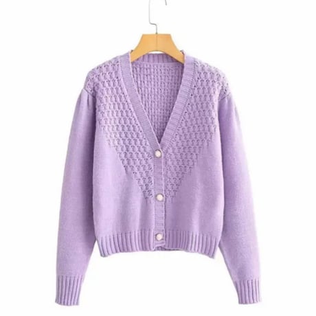 ワッフル鍵編みパールボタンニットカーディガン/4色展開/S.M.L/2023SS