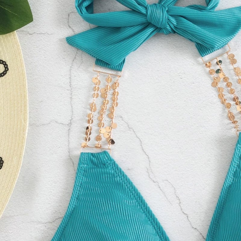 送料無料】スパンコールストラップターコイズブルービキニ/水着/2022SS