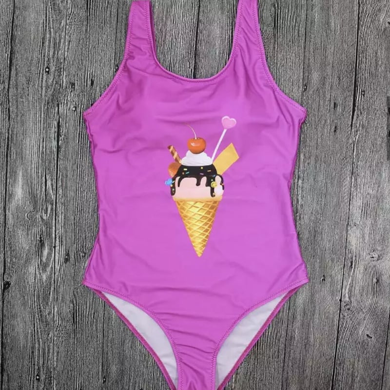 紫とピンクのワンピース水着 コミカルアイスクリームワンピース水着/パットあり/Black、Pink
