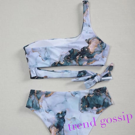 【M即納】大理石柄ワンショルダーワンサイドリボンビキニ/水着/S〜XL/2021SS