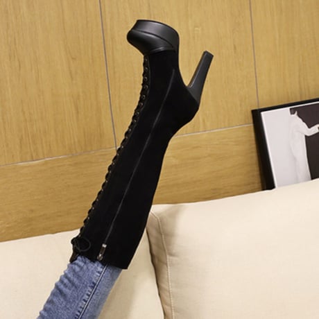 裏起毛ポイントレザースエードレースアップロングブーツ/靴/2色展開/22.5〜26.5cm/2021 AW
