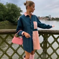 【送料無料】ピンク×ネイビーパッチワークシャツワンピース/S.M.L/2023AW