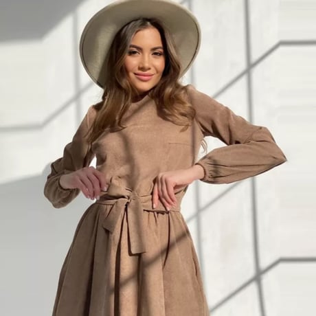 ブラウンコーデュロイAラインワンピース/S〜XXL