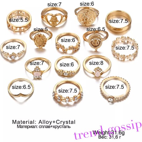 【送料無料】カトリックモチーフゴールドリングセット/15piece/クロス/指輪/アクセサリー/2020SS