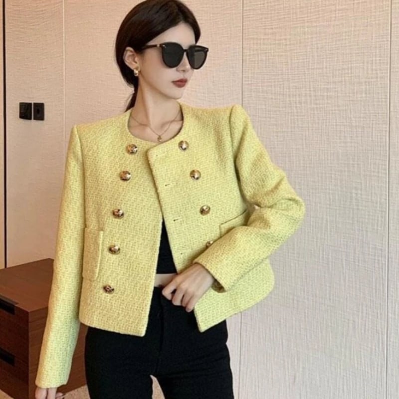 ツイード ノーカラー ジャケット アウター カジュアル イエロー イエローツイードノーカラージャケット/S.M.L/2023SS | trendgossip
