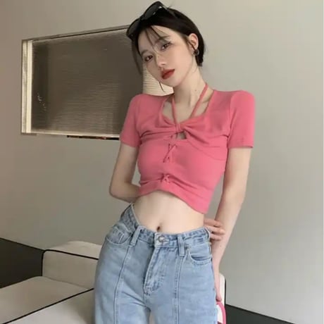 レースアップハイネックストラップリブクロップドトップス/2色展開/S〜XXL/2023SS