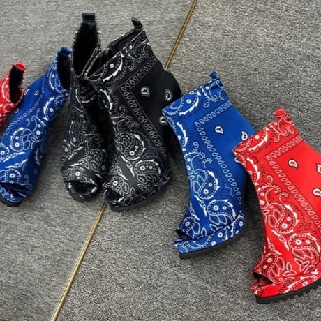 ペイズリー柄オープントゥチャンキーヒールショートブーツ/3色展開/22.5～26cm/2021SS