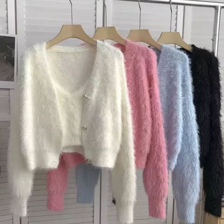 【Pink即納】モヘアファーカーディガン＆キャミアンサンブル/4色展開/ワンサイズ/2023AW