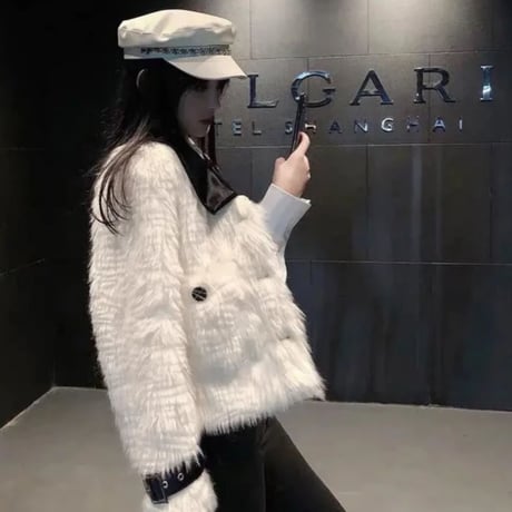 レザーパッチワークホワイトギャザーファージャケット/S〜XXL/2022AW