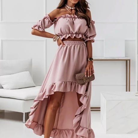 オフショルフリルバックロングスカートセットアップ/3色展開/S〜XL/2022SS