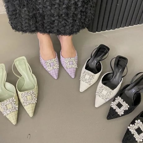 スクエアビジュー付きツイードパンプス/4色展開/22.5〜24.5cm/2023SS