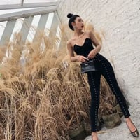 【S即納】ハイウエストスタッズステッチブラックスキニージーンズ/デニム/S.M.L/2019AW