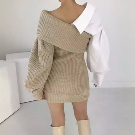 ハーフシャツバルーンスリーブニットワンピース/2色展開/ワンサイズ/2023SS