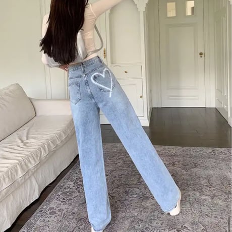 バックワンポイントハートペイントデニムワイドパンツ/2色展開/S〜XL/2023AW