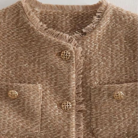 ノーカラーフリンジツイードジャケット/XS〜L/2023AW