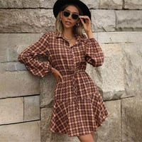 ブラウン千鳥柄ウエスト切り替えシャツワンピース/S〜XL/2022AW