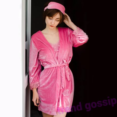 フラワーレースピンクベルベットルームウェア6点セット/ベロア/ガウン/部屋着/セクシー/S～XXL/2019AW
