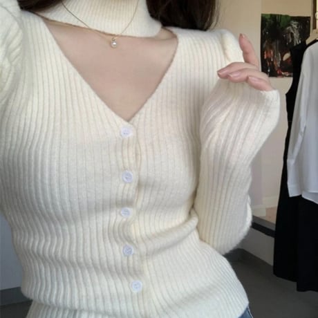 チョーカー付きVネックパフスリーブボタンリブニット/2色展開/ワンサイズ/2023AW