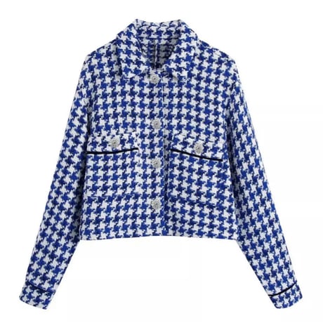 フラワーラインストーンボタンブルーチェックツイードジャケット/XS〜L/2022SS