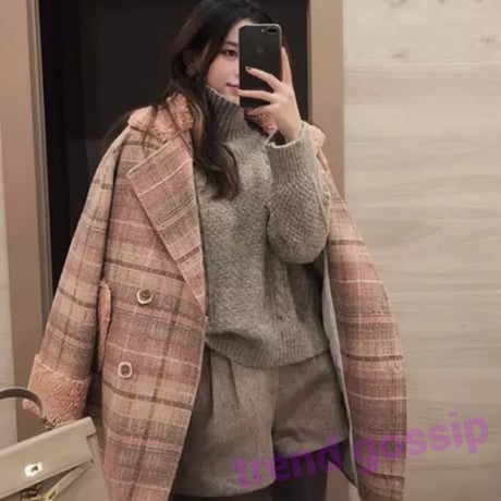 プードルファーピンクチェックウールコート/S.M.L/2019AW