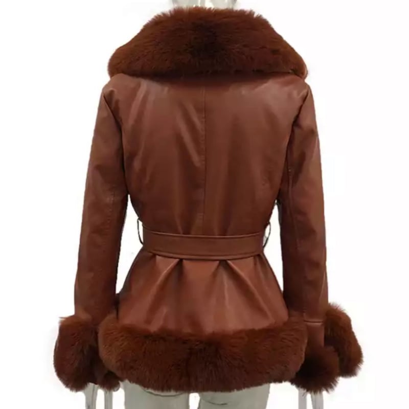 BeigeM即納】ボリュームファー付きフェイクレザーガウンコート/3色