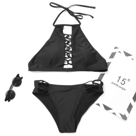【即納✴︎送料無料】ハイネックセクシーブラックレースアップビキニ/水着/S～XL