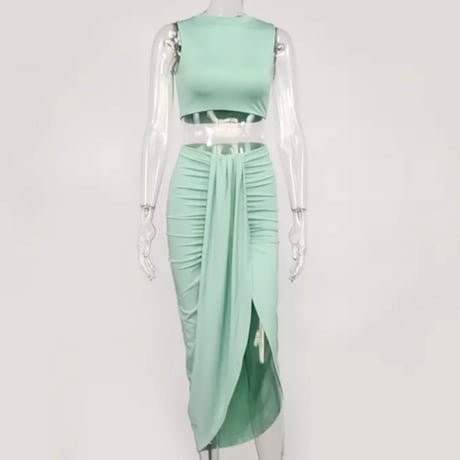 ハイネックトップス&フロントドレープスリットスカートセットアップ/6色展開/S〜XL/2021ss