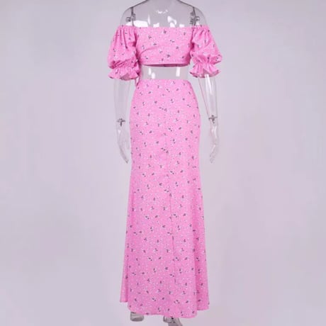 小花柄オフショルクロップドTOP &ディープスリットロングスカートリゾートセットアップ/3色展開/XS〜L/2022SS