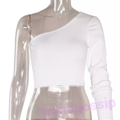 【即納☆送料無料】ワンショルダーリブトップス/Black、White/S.M.L