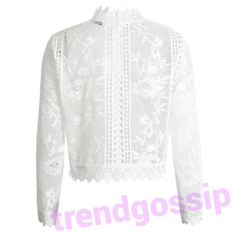 【送料無料】クロシェレースシースルーブラウス/Black、White/S～XL