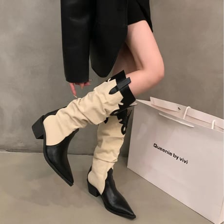 レザーパッチワークウエスタンブーツ/4色展開/22.5〜24.5cm/2023AW