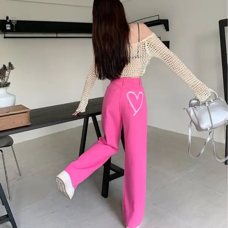 バックワンポイントハートペイントデニムワイドパンツ/2色展開/S〜XL/2023AW