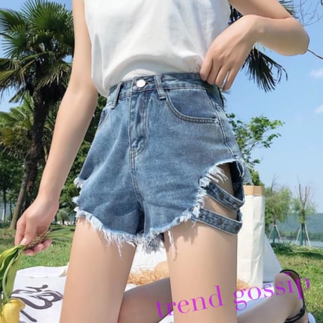 【BlackM即納】サイドダブルストラップカットオフデニムショートパンツ/2色展開/S～XL/2020SS