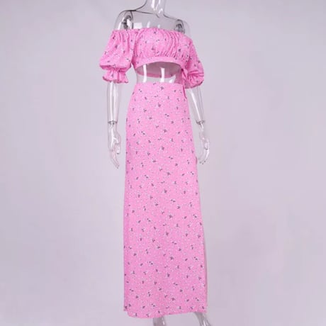 小花柄オフショルクロップドTOP &ディープスリットロングスカートリゾートセットアップ/3色展開/XS〜L/2022SS