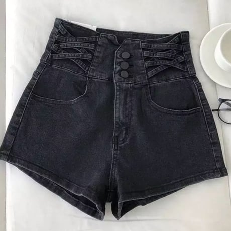 ハイウエストサイドクロスデニムショートパンツ/3色展開/S〜XL/2022SS