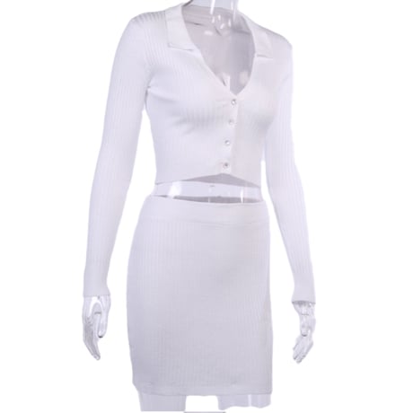 クリアボタンスキッパーリブニット＆ミニスカートセットアップ/5色展開/S.M.L/2022SS