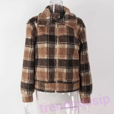 ブラウンチェッククロップドボアジャケット/S～XL/AW