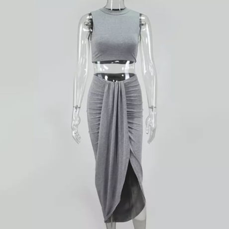 ハイネックトップス&フロントドレープスリットスカートセットアップ/6色展開/S〜XL/2021ss