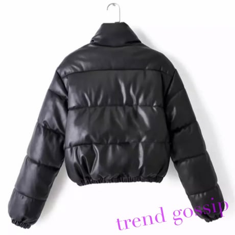 ブラックフェイクレザー中綿ダウンジャケット/アウター/XS～L/2020AW