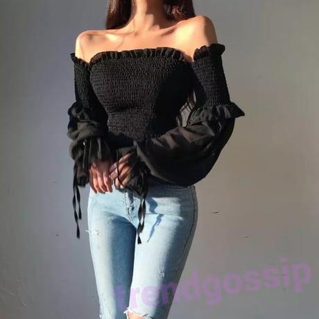 【即納☆送料無料】ハーフチュールスリーブオフショルギャザーTOPS/3色展開/ONESIZE/SS