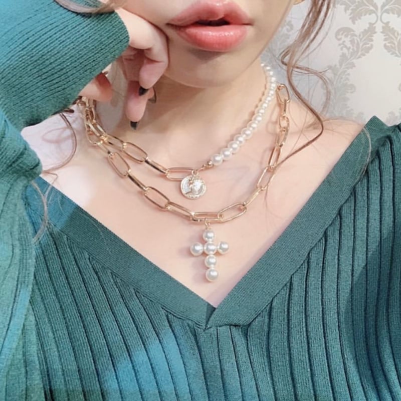 goldパイプ×コットンパール ＊ 輝くチェーンの2連ネックレス ノット2連チェーンネックレス(ネックレス) | GEORGES RECH