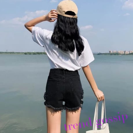 【BlackM即納】サイドダブルストラップカットオフデニムショートパンツ/2色展開/S～XL/2020SS