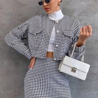 パールボタンノーカラー千鳥柄ジャケット＆タイトスカートセットアップ/S.M.L/2022AW