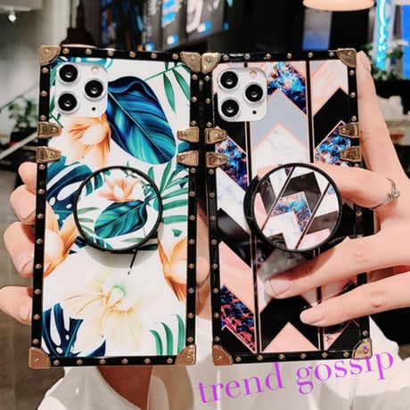 【送料無料】2タイプデザインリングホルダー付きBOX iPhoneケース/ボタニカル、ジオメトリック/iPhone6～iPhone11Promax