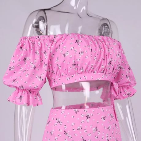 小花柄オフショルクロップドTOP &ディープスリットロングスカートリゾートセットアップ/3色展開/XS〜L/2022SS