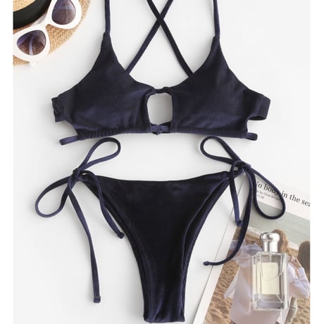 【送料無料】セクシーカットアウトベロアリブビキニ/水着/3色展開/S.M.L/2022SS