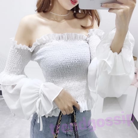 【即納☆送料無料】ハーフチュールスリーブオフショルギャザーTOPS/3色展開/ONESIZE/SS