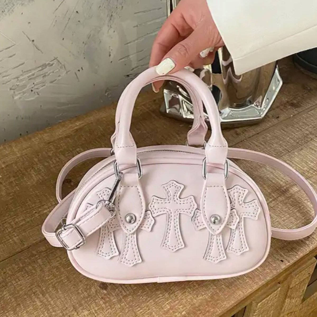 クロスモチーフ ボストンバッグ クロスワッペンストラップ付きミニボストンバッグ/4色展開/2023AW
