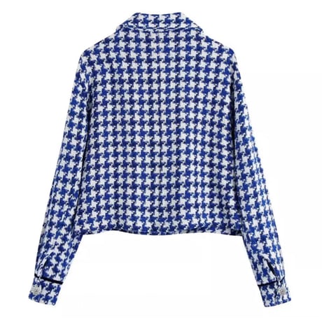 フラワーラインストーンボタンブルーチェックツイードジャケット/XS〜L/2022SS